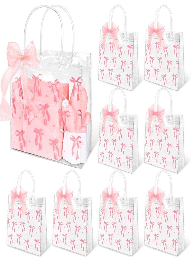 JarThenaAMCS 24Pcs Clear Pink Gift Bags with Handles Coquette Pink Bow PVC Party Goodie Favor Bag with Ribbon Reusable Plastic Bowtie Tote Retail Shopping Treat Bag for Birthday Party Favor - Image 1